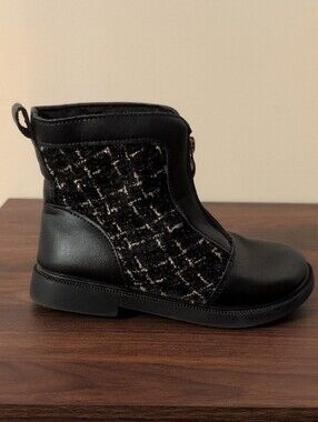 Kids Black Tweed-Panel Ankle Boots Size 1 1/2